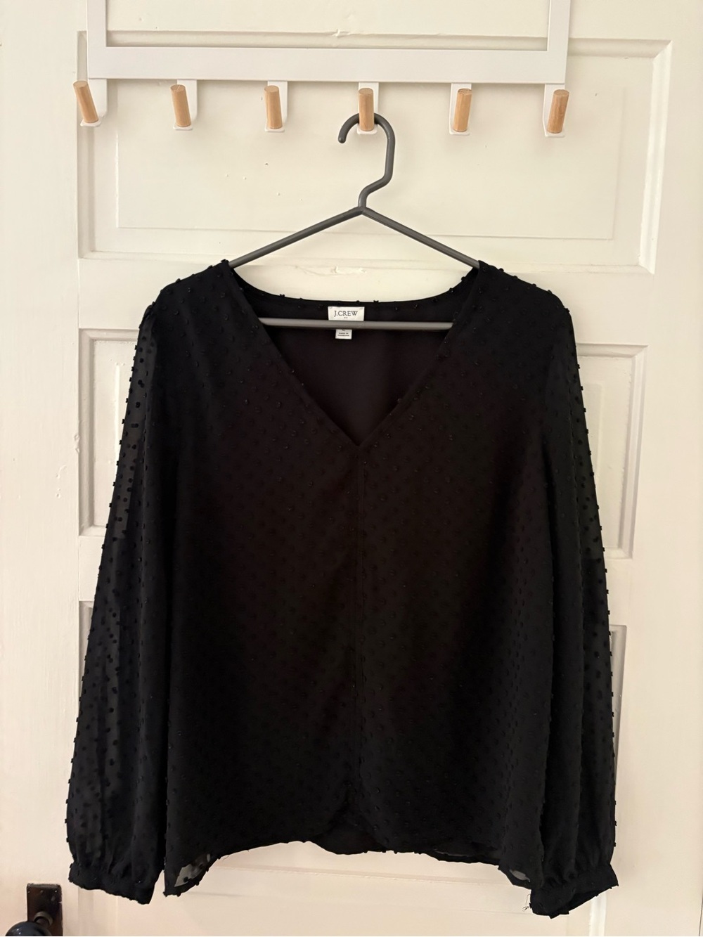 J. Crew Black Textured Swiss Dot V-Neck Long-Sleeve Blouse